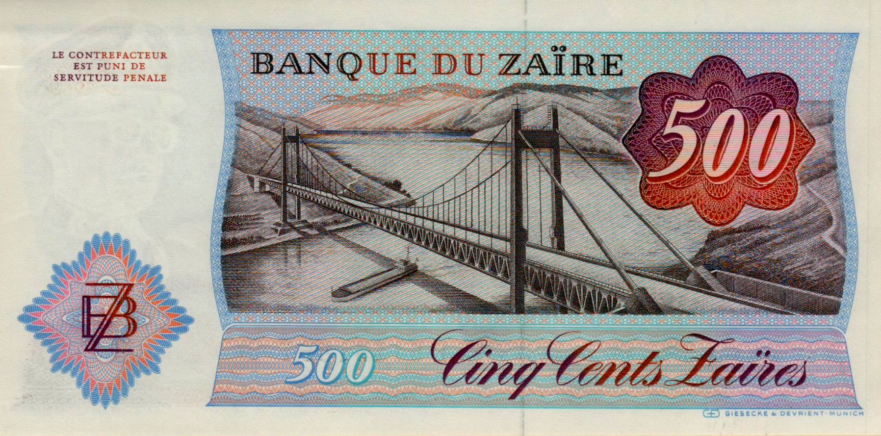 Zaire 500 1985 UNC P-30/b
